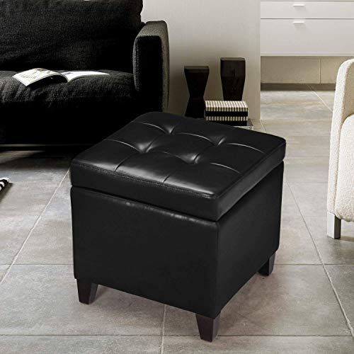 Storage Ottoman Foot Rest Stool, Leather Ottoman Footstool with Wood Legs and Hinged Lid, 18" Small Foot Stool Bench for Living Room, Bedroom, Black