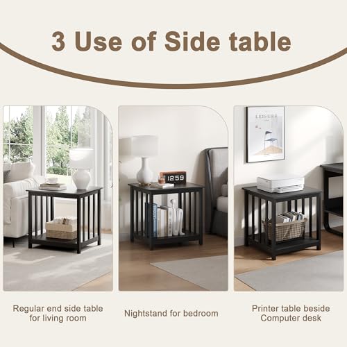 End Tables Living Room Set of 2, 24 Inch Square Side Table with 2-Tier Storage Shelf, Modern Nightstand for Living Room, Bedroom, Office, Black
