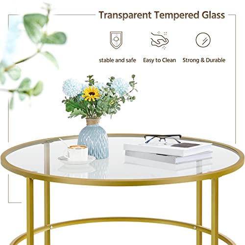 Yaheetech Coffee Table Set of 3, Round Coffee Table & 2pcs Accent End Table Easy Assembly w/Glass-Top Surface & Reinforced Frame for Living Room,Apartment,Small Space,Mustard Gold