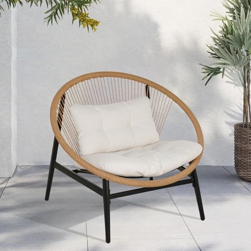 1-Piece Wicker Outdoor Chair, Patio Oversized Chair with Beige Cushion, Outdoor Furniture Set for Porch Balcony Deck Garden