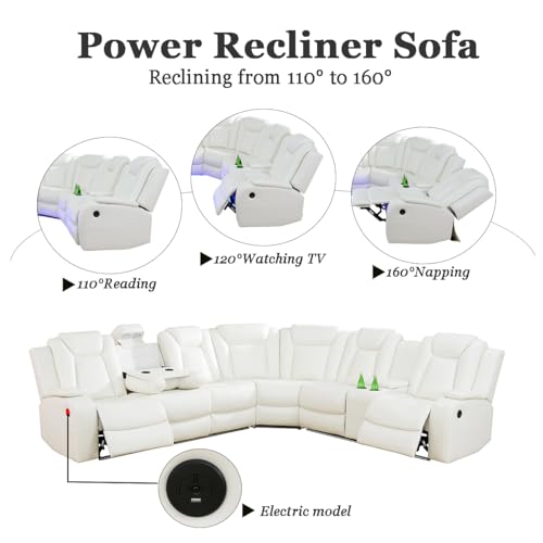 Power Recliner Sofa Set Sectional Couches with LED Light for Living Room, Leather Reclining Corner Sectional Sofa Set with 2 Recliner Seats, Cup Holder, Storage Console, Creamy White