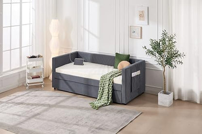 Twin Size Upholstered Daybed with Trundle,USB Port,Side Pockets, V Grained backrest Design,No Box Spring Needed, for Bedroom, Guest Room (Grey, Twin)