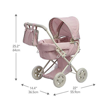 Olivia's Little World Buggy-Style Baby Doll Stroller with Retractable Canopy, Storage Underneath, Detachable Bassinet, Travel Nursery Bag, Comfortable to Push, Pink and Gray