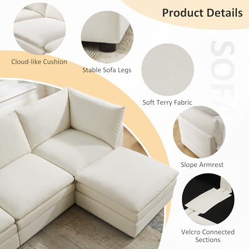 98" Cloud Modular Sectional Sofa Couches for Living Room, Oversized Modern Sleeper Sofa with Deep Seat Double-Layer Thick Cushion Ottoman, Convertible Upholstered Sofa Set, Ivory White