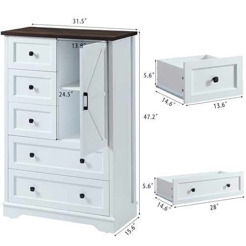 Dresser for Bedroom, Farmhouse Dresser with 5 Wooden Drawers and Storage Cabinet, 48 Inches Tall Chest of Drawers for Bedroom, Living Room, Hallway, White
