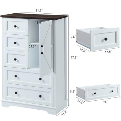 Dresser for Bedroom, Farmhouse Dresser with 5 Wooden Drawers and Storage Cabinet, 48 Inches Tall Chest of Drawers for Bedroom, Living Room, Hallway, White