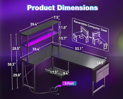 L Shaped Desk Gaming Desk with LED Light & Power Outlet, view 4