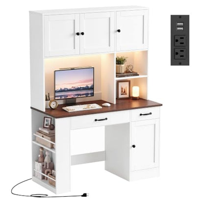 71" Tall Computer Desk with Hutch, LED & Charging Station, White, view 2