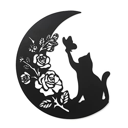 Metal Black Cat Wall Decor, Cat On the Moon Wall Art,Cat Catch Buttefly Wall Scuplture, Cats Lover Gifts for Christmas