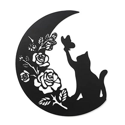 Metal Black Cat Wall Decor, Cat On the Moon Wall Art,Cat Catch Buttefly Wall Scuplture, Cats Lover Gifts for Christmas