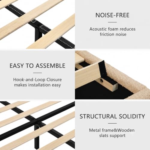 Bed Frame Queen Size, Boucle Upholstered Bed Frame with Headboard, view 7
