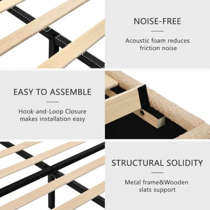 Bed Frame Queen Size, Boucle Upholstered Bed Frame with Headboard, view 7