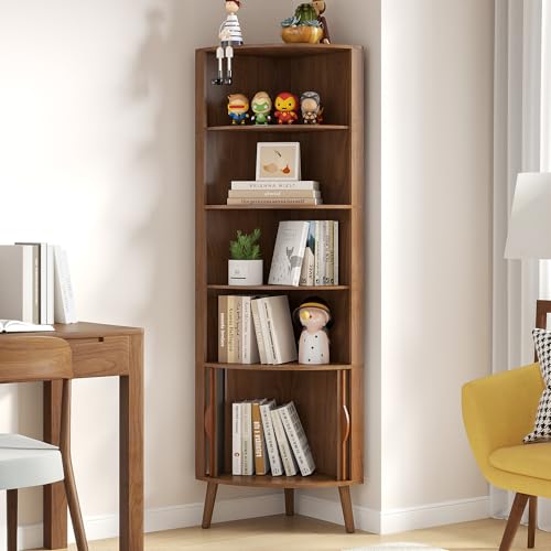 66'' Tall Corner Bookshelf with 2 Fluted Sliding Doors,Walnut, view 7