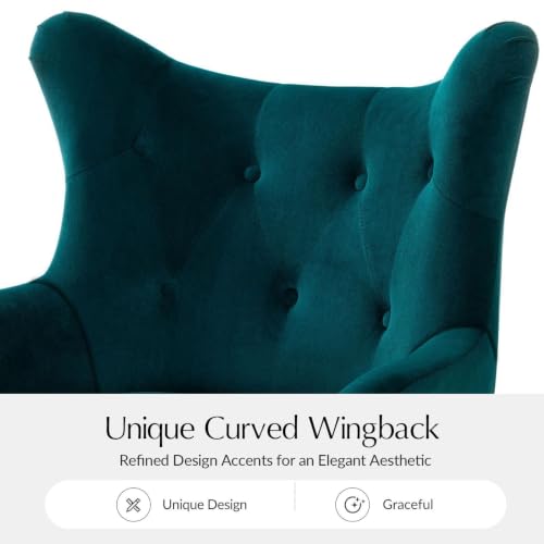Teal Velvet Tufted Wingback Armchair with Gold and Wood Legs, view 4