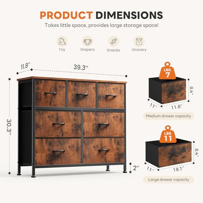 7 Drawer Dresser for Bedroom Storage with Fabric Bins, Brown, view 4