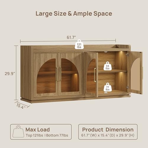 Sideboard Buffet Cabinet with Storage, LED Lights, Arch Glass Doors, view 3