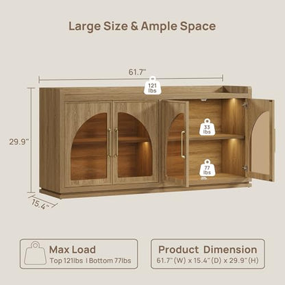 Sideboard Buffet Cabinet with Storage, LED Lights, Arch Glass Doors, view 3