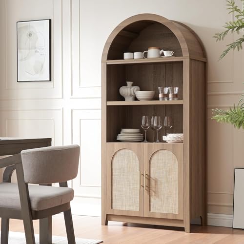 Rattan Arched Cabinet Bookshelf - 69.3” Tall Mid Century Display Cabinet, Rounded Bookcase with Rattan Doors, Open Shelf Storage for Dining Room (Caramel Oak, 1 PC)