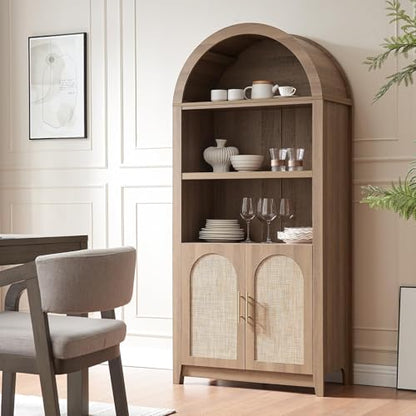 Rattan Arched Cabinet Bookshelf - 69.3” Tall Mid Century Display Cabinet, Rounded Bookcase with Rattan Doors, Open Shelf Storage for Dining Room (Caramel Oak, 1 PC)