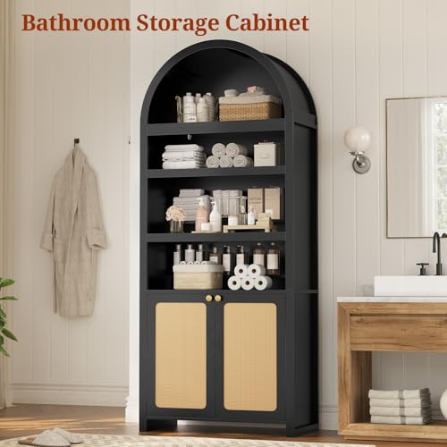 81" Tall Arched Cabinets,Bookcase with storage,Mid-Century Modern 6-Tier Bookshelf with Door,2 Book Risers and Adjustable Shelves offering more storage space for Living Room,Home Office,Black+Oak