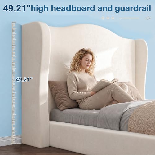 Queen Size Cloud Bed Frame with 49.61" Wingback Headboard, White, view 3