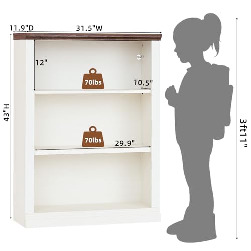 43" White Bookshelf, 3 Tier Farmhouse Small Wooden Book Shelf, view 3
