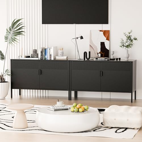 2 Door Storage Sideboard, Metal Storage Cabinet with 2 Adjustable Shelf,Multipurpose Metal Accent Cabinet for Office Home,Music Studio (Black, 25''H)