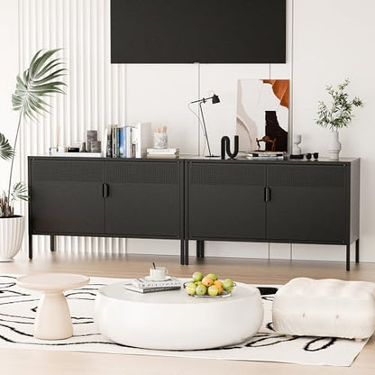 2 Door Storage Sideboard, Metal Storage Cabinet with 2 Adjustable Shelf,Multipurpose Metal Accent Cabinet for Office Home,Music Studio (Black, 25''H)