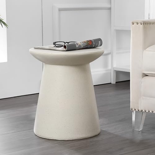 Hollie 18" Round Drum Indoor Outdoor Side Table, Cream Terrazzo | Weather Resistant Polyresin, Tapered Pedestal Base, Textured Finish, Minimalist Decor, Waterproof Plant Stand