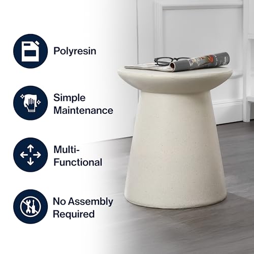 Hollie 18" Round Drum Indoor Outdoor Side Table, Cream Terrazzo | Weather Resistant Polyresin, Tapered Pedestal Base, Textured Finish, Minimalist Decor, Waterproof Plant Stand