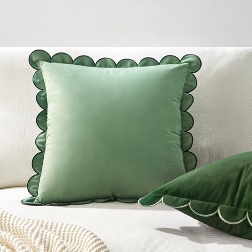 Decorative Throw Pillow Covers Cushion Cases, Set of 2 Soft Velvet Scalloped Round Edge Designs, Mix and Match for Home Decor, Pillow Inserts Not Included (16x16 inch, Green/Light Green)