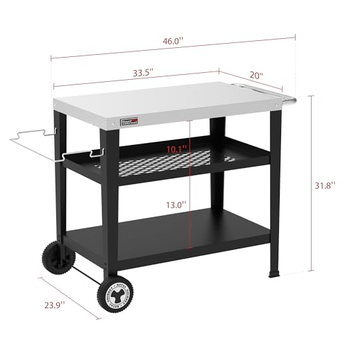 PC3404S Rolling Dining Table with Trash Bag Holder, Outdoor Garden Patio BBQ Kitchen Food Prep Table Cart, 34"L x 20"W Stainless Steel Tabletop, Silver & Black