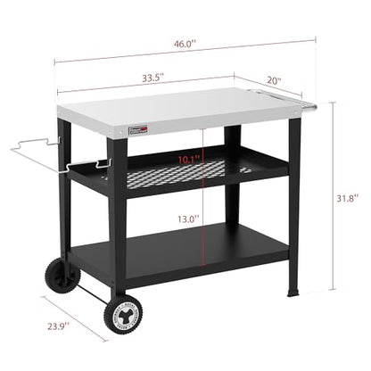 PC3404S Rolling Dining Table with Trash Bag Holder, Outdoor Garden Patio BBQ Kitchen Food Prep Table Cart, 34"L x 20"W Stainless Steel Tabletop, Silver & Black