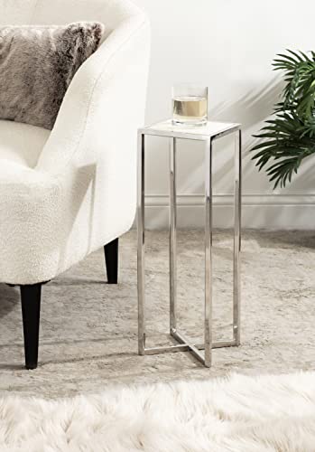 Jaspur Modern Glam Drink Table, 7 x 7 x 21, White and Silver, Decorative Metal and Marble Accent Martini Cocktail Table for Display and Storage