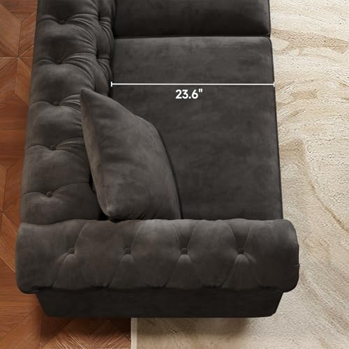 82 Inch Chesterfield Sofa, 23 Inch Deep Seat Velvet Couch for Living Room, Button Tufted Couch with Rolled Arms, 2 Throw Pillows, Comfy Vintage Loveseat Sofa for Apartment, Black