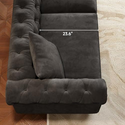82 Inch Chesterfield Sofa, 23 Inch Deep Seat Velvet Couch for Living Room, Button Tufted Couch with Rolled Arms, 2 Throw Pillows, Comfy Vintage Loveseat Sofa for Apartment, Black