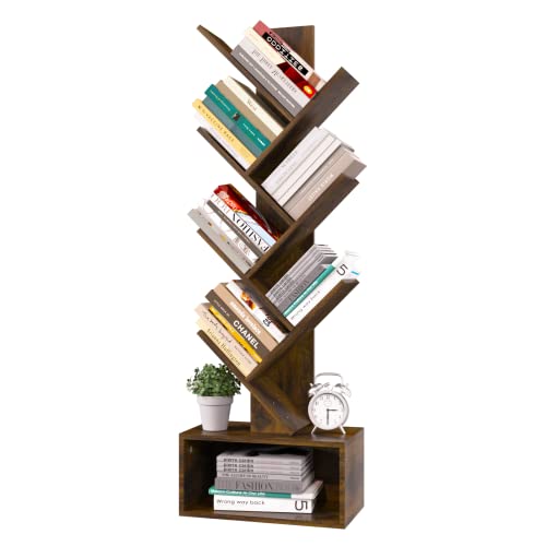 Tree Bookshelf - 6 Shelf Retro Floor Standing Bookcase, Tall Wood Book Storage Rack for CDs/Movies/Books, Utility Book Organizer Shelves for Bedroom, Living Room, Home Office, Rustic Brown