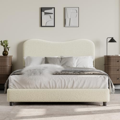 Full Size Bed Frame with Boucle Fabric, Beige, view 4