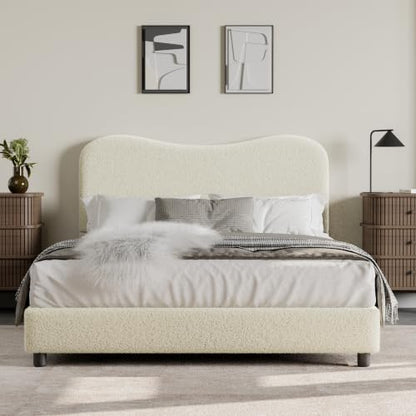 Full Size Bed Frame with Boucle Fabric, Beige, view 4