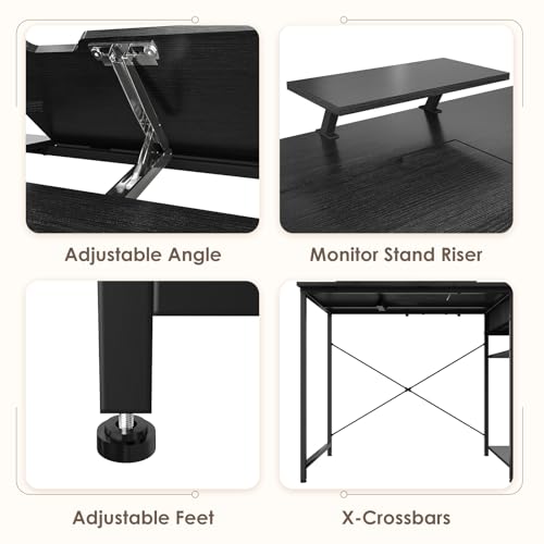 X-cosrack Drafting Table with Storage Shelves & Drawer, 43" Adjustable Art Desk with Monitor Stand for Home Office Computer, Tiltable Draft Drawing Table for Artist, Study, Writing Workstation, Black