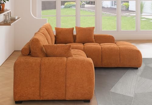 Oversized Fluffy Sofa Chaise Set 2 Pieces Sectional Sofa Chenille Couch with Deep Seat for Living Room (Caramel, Right-Hand Facing)