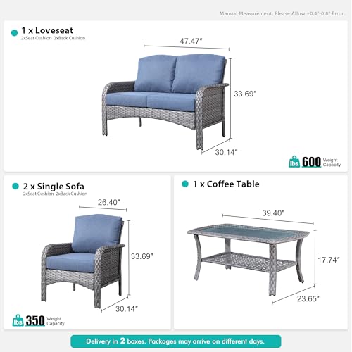 4 Pieces Wicker Patio Furniture - All-Weather PE Wicker Outdoor Conversation Bistro Set Loveseat Chairs with Table,Outdoor Rattan Sofa Chair High Back Deep Seating,Blue