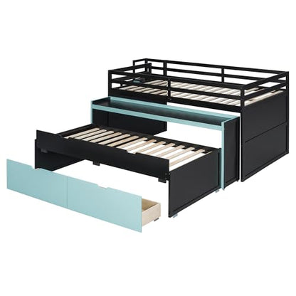 Full XL Loft Bed with Pull-Out Desk and Twin Trundle, 2 Storage Drawers and Storage Steps, Space-Saving Gaming & Workstation Bed Frame with Safety Guardrails for Kids Teens (Black+Blue/Full XL,80)