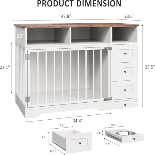 48 Inch Dog Crate Furniture, Farmhouse Dog Kennel with Bowl & Drawers, view 5