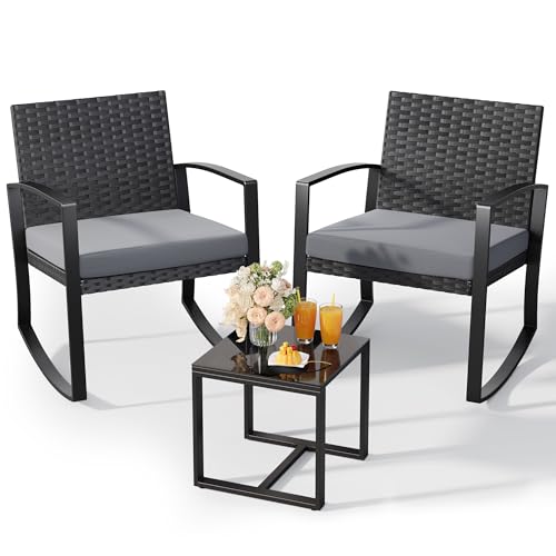 3 Pieces Patio Furniture Set Rocking Bistro Set Outdoor Rattan Conversation with Coffee Table for Garden Balcony Backyard Poolside (Grey Cushion)