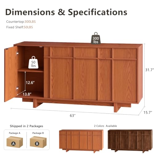 63" Sideboard Buffet Cabinet, Skeleton Lines Design, Cherry, view 4