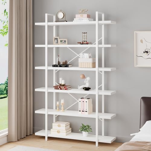 6 Tier Tall White Bookshelf, Industrial Modern Vertical Metal and Wood White Bookcases 6 Shelf,Farmhouse Open Large Storage Book Shelves & Display Book Shelf for Bedroom Living Room Office