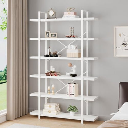 6 Tier Tall White Bookshelf, Industrial Modern Vertical Metal and Wood White Bookcases 6 Shelf,Farmhouse Open Large Storage Book Shelves & Display Book Shelf for Bedroom Living Room Office
