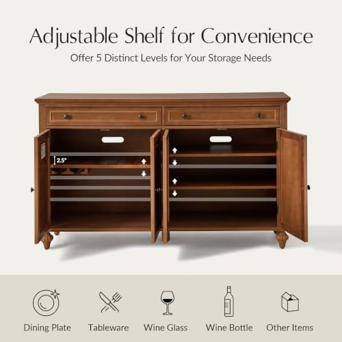 58" Sideboard Storage Cabinet, 4 Doors Storage Sideboard with Adjustable Shelves & 2 Drawers, Chic Channel Design, Transitional Buffet, Acorn