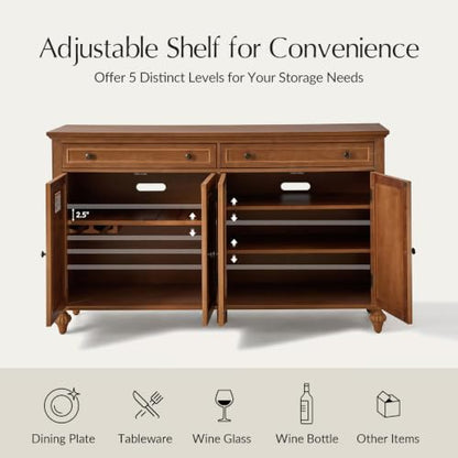 58" Sideboard Storage Cabinet, 4 Doors Storage Sideboard with Adjustable Shelves & 2 Drawers, Chic Channel Design, Transitional Buffet, Acorn